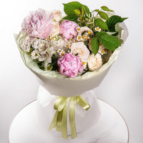 Peony pink - 3, Baltica White Spray Chrysanthemum - 1, Chamomile - 2, Spray rose: white, cream, light pink 50 cm - 2, Alstromeria white, soft pink - 8, Santini White Spray Chrysanthemum - 1,  Raspberry branch, Wrapping Paper