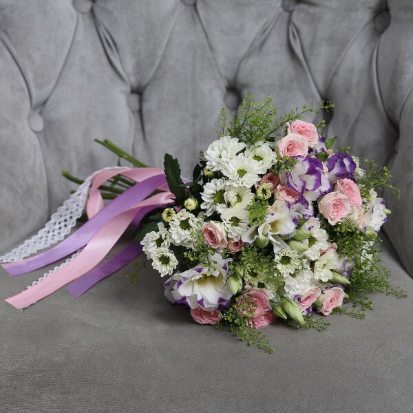 Bright pink spray rose mix, 50 cm - 5, Purple Lisianthus (Eustoma) - 5, Santini White Spray Chrysanthemum - 4, Green bell (1 pc.), Lace, Ribbon