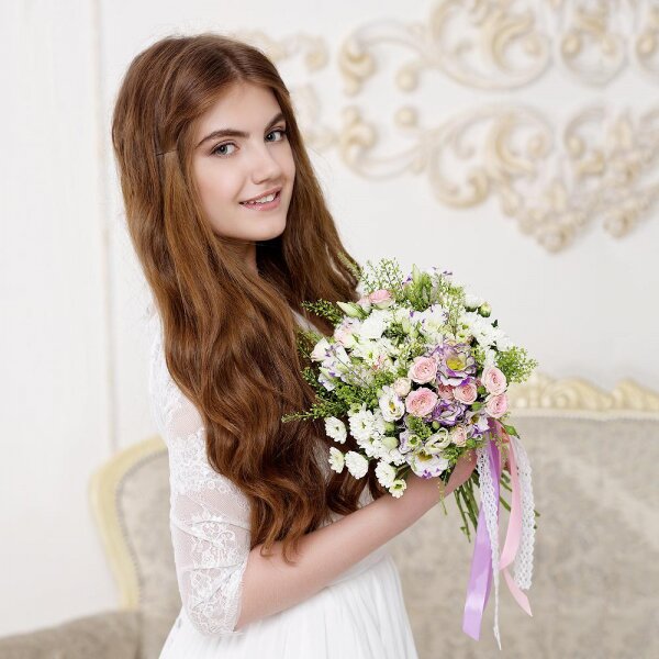 Bright pink spray rose mix, 50 cm - 5, Purple Lisianthus (Eustoma) - 5, Santini White Spray Chrysanthemum - 4, Green bell (1 pc.), Lace, Ribbon