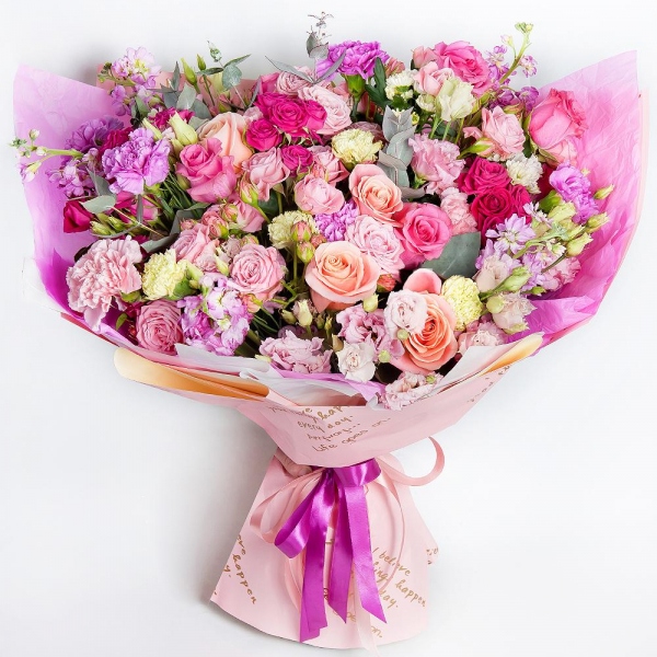 Green carnation - 6, Bright pink spray rose mix, 50 cm - 11, Pink rose 50 cm - 7, Rose Cream 50 cm - 6, Matthiola Lilac - 5, Pink Lisianthus (Eustoma) - 3, Santini White Spray Chrysanthemum - 4, Lilac carnation - 7, Pink carnation - 7, Eucalyptus Cinerea, Wrapping Paper
