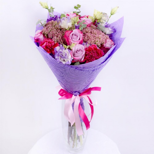 Deep Purple rose - 11, Carnation red - 4, Purple Lisianthus (Eustoma) - 5, Eucalyptus baby blue (1 pc.), Blue Statice, Felt, Ribbon, Sedum