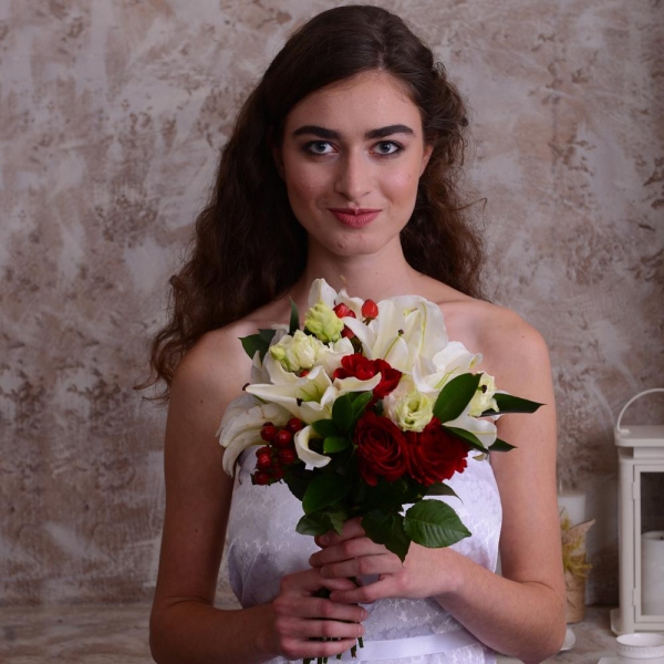 Lilies - 3, Red rose 50 cm - 5, lisianthus - 2, Hypericum, Ruscus, Ribbon