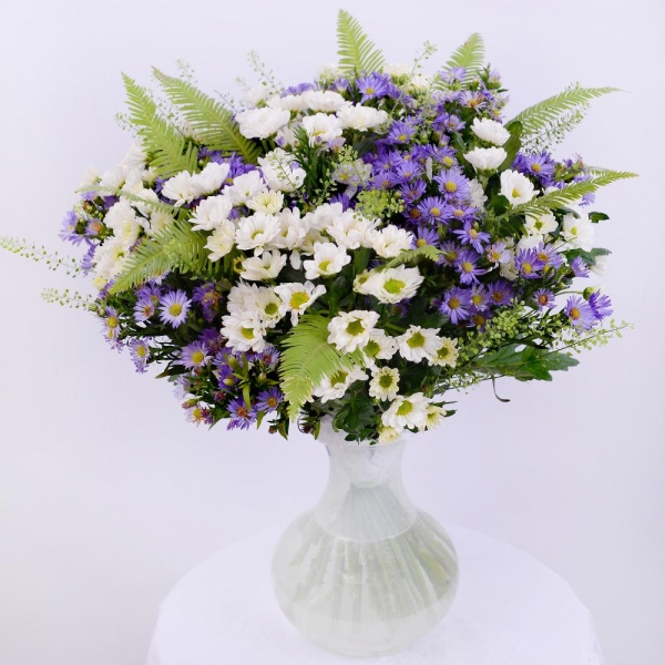 Santini White Spray Chrysanthemum - 11, Lilac aster - 7, Green bell (1 pc.), Ambrella, Ribbon