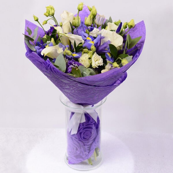 Calla lilies - 7, Irises - 7, lisianthus - 6, Ruscus, Eucalyptus Cinerea, Felt, Ribbon