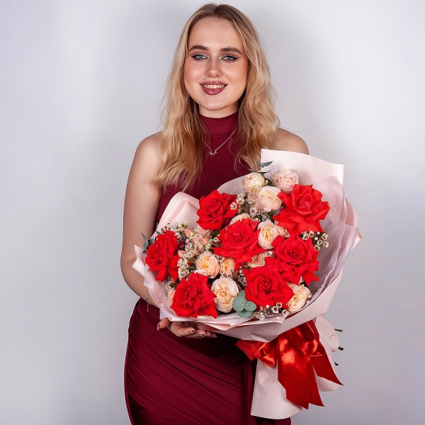 Red rose Nina 50 cm - 9, Spray rose: white, cream, light pink 50 cm - 7, Waxflower (1 pc.), Wrapping Paper, Eucalyptus