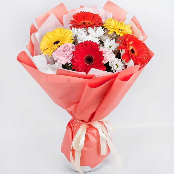 Gerbera daisies - 2, Bacardi White Spray Chrysanthemum - 3, Pink carnation - 4, Gerbera yellow - 3, Gerbera red - 2, Wrapping Paper, Ribbon