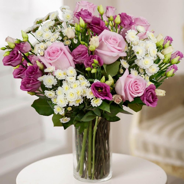 Baltica White Spray Chrysanthemum - 4, Pink Lisianthus (Eustoma) - 4, Pink rose 50 cm - 7, Wrapping Paper