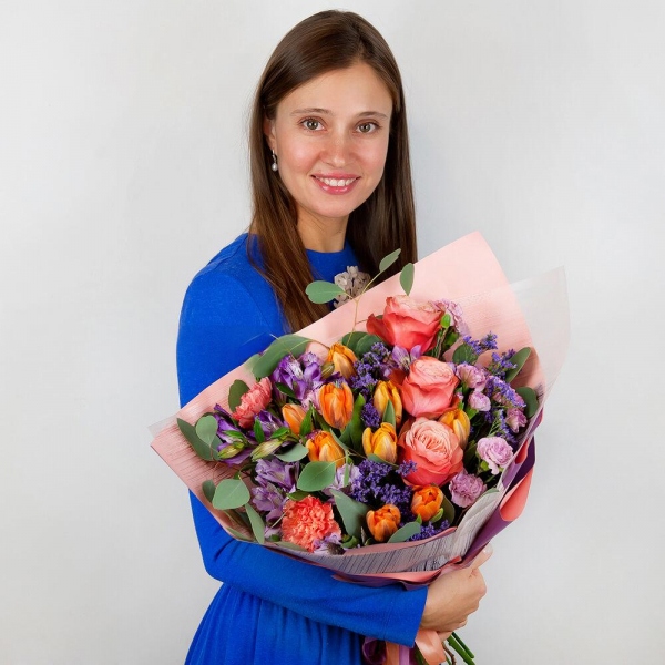 Alstromeria lilac, purple - 5, Orange tulip - 11, Pink spray carnation - 4, Orange carnation - 3, Peony rose Kahala 50 cm - 5, Limonium (1 pc.), Eucalyptus populus (1 pc.), Wrapping Paper, Ribbon