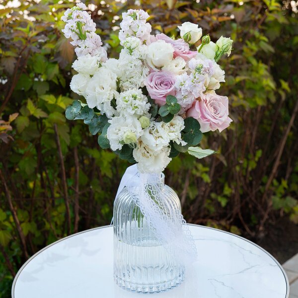 Rose Pink 50 cm Ecuador (Chelo, Hermosa, Novia, Titanik, Engagement, Pink Mondiale) - 3, White Matthiola - 5, lisianthus - 4, Eucalyptus baby blue (1 pc.), Ribbon