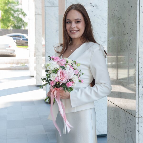 Peony rose pink 'OHara' - 5, Peony pink - 2, White spray carnation - 3, Pink spray carnation - 4, lisianthus - 3, Eucalyptus parvifolia (1 pc.), Ribbon