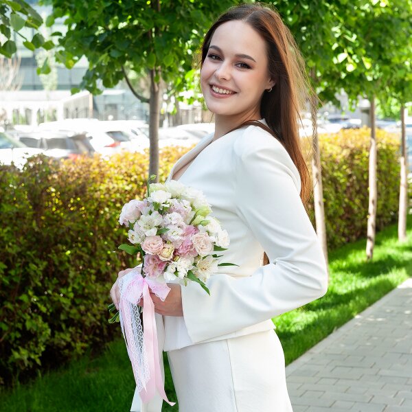 lisianthus - 3, Pink Lisianthus (Eustoma) - 3, Alstromeria white, soft pink - 7, Pink Matthiola - 2, Pink spray carnation - 5, Ribbon