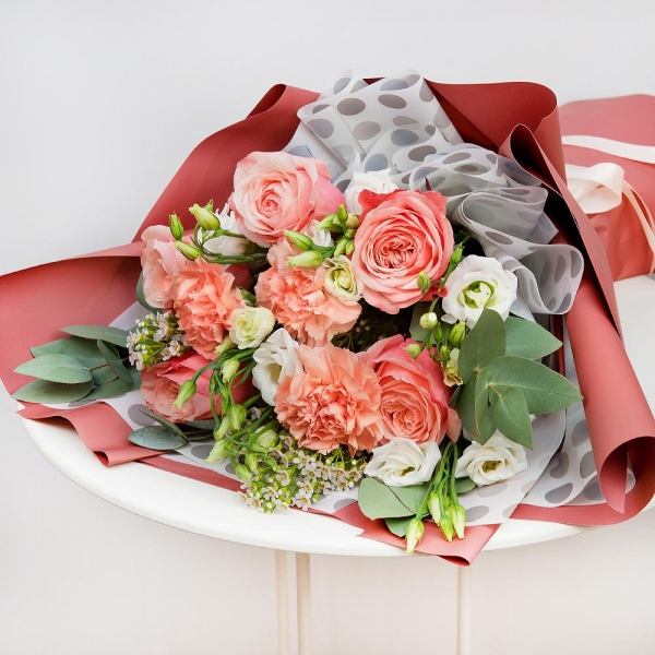 Peony rose Kahala 50 cm - 7, Pink carnation - 4, lisianthus - 4, Waxflower (1 pc.), Eucalyptus Cinerea, Wrapping Paper