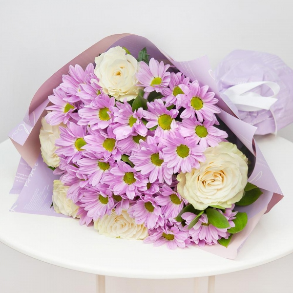 Bacardi Pink Spray Chrysanthemum - 6, White rose 50 cm - 7, Ribbon, Wrapping Paper, Ruscus