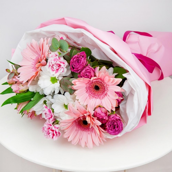Gerbera pink - 3, Bacardi White Spray Chrysanthemum - 2, Pink spray carnation - 3, Bright pink spray rose mix, 50 cm - 2, Alstromeria white, soft pink - 2, Eucalyptus Cinerea, Wrapping Paper