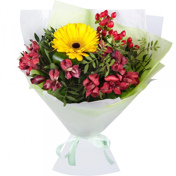 Sunflower - 1, Alstromeria Red, Bright Pink - 5, Hypericum, Salal, Wrapping Paper, Ribbon, Eucalyptus Cinerea