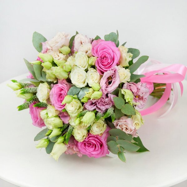 Pink rose 50 cm - 7, Pink Lisianthus (Eustoma) - 5, Spray rose: white, cream, light pink 50 cm - 5, Veronica spray, Ribbon, Eucalyptus