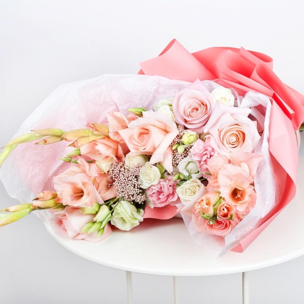 Pink Gladiolus - 4, Pink carnation - 4, Pink rose 50 cm - 5, lisianthus - 3, Spray rose: white, cream, light pink 50 cm - 3, Ozotamnus, Wrapping Paper