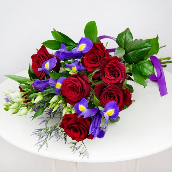Purple Lisianthus (Eustoma) - 6, Red rose 50 cm - 15, Irises - 6, Limonium (1 pc.), Ruscus, Ribbon