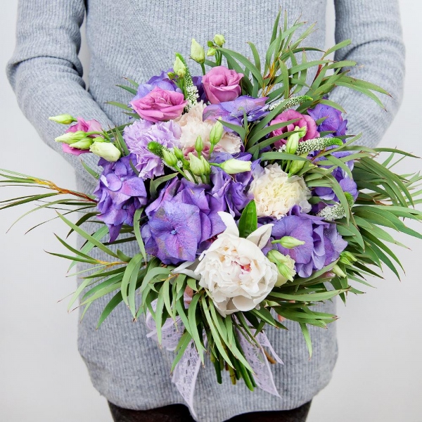 Peony white - 3, Carnation white, cream - 6, Pink Lisianthus (Eustoma) - 4, Blue/purple hydrangea - 2, Veronica spray, Eucalyptus, Flask for orchids, Ribbon