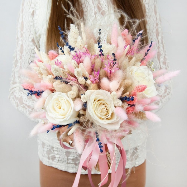 White rose 50 cm - 11, Dried flowers in assortment, Ribbon