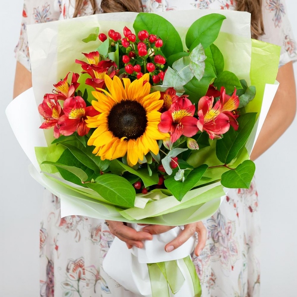Sunflower - 3, Alstromeria Red, Bright Pink - 5, Hypericum, Salal, Wrapping Paper, Ribbon, Eucalyptus Cinerea