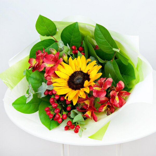 Sunflower - 3, Alstromeria Red, Bright Pink - 5, Hypericum, Salal, Wrapping Paper, Ribbon, Eucalyptus Cinerea