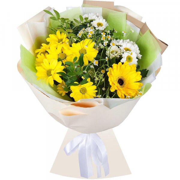 Sunflower - 3, Bacardi Yellow Spray Chrysanthemum - 2, Santini White Spray Chrysanthemum - 3, Chamomile - 2, Salal, Wrapping Paper, Ribbon