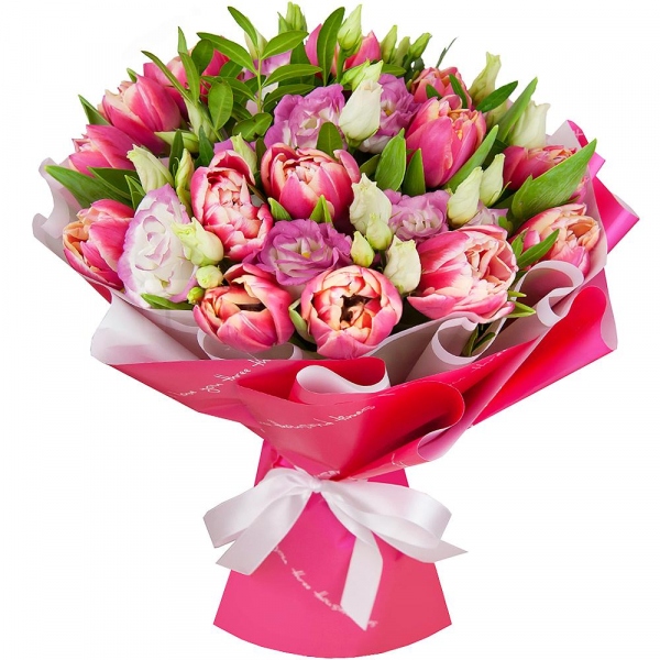 Pink Lisianthus (Eustoma) - 4, Pink tulip - 25, Pistachio, Wrapping Paper