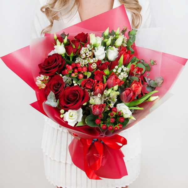 Red rose 50 cm - 5, lisianthus - 4, Spray rose: red 50 cm - 3, Red tulip - 10, Waxflower (1 pc.), Hypericum, Eucalyptus Cinerea, Wrapping Paper