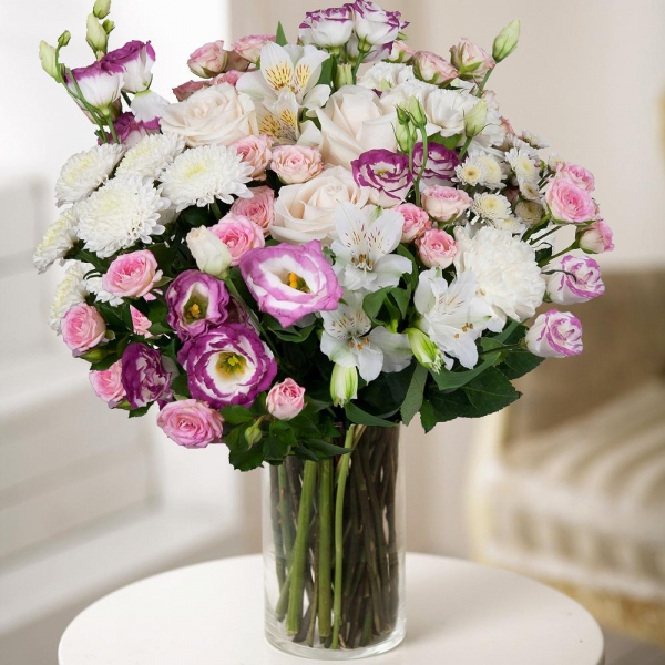 White rose 50 cm - 5, Bright pink spray rose mix, 50 cm - 7, Alstromeria white, soft pink - 3, Pink Lisianthus (Eustoma) - 6, Athos poms Stallion - 2, Baltica White Spray Chrysanthemum - 3, Carnation white, cream - 3, Wrapping Paper