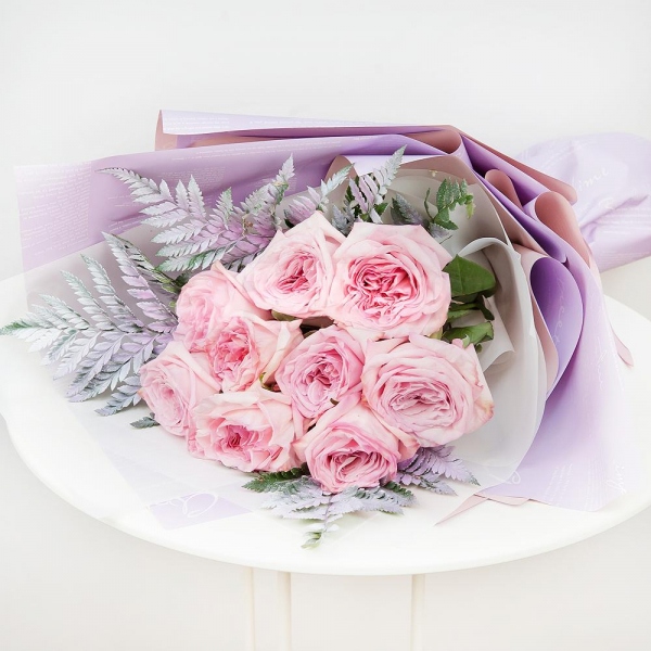 Peony style roses - 15, Fern (1 pc.), Wrapping Paper, Ribbon