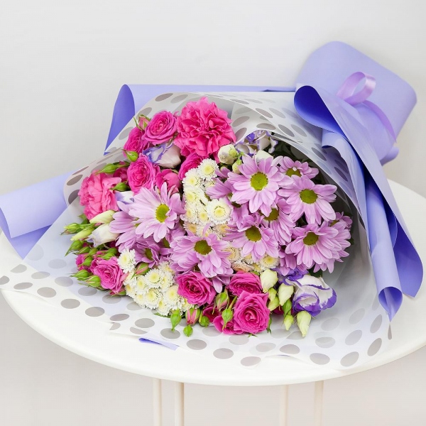 Bright pink spray rose mix, 50 cm - 6, Bacardi Pink Spray Chrysanthemum - 4, Pink carnation - 3, Purple Lisianthus (Eustoma) - 4, Athos poms Stallion - 3, Wrapping Paper, Ribbon