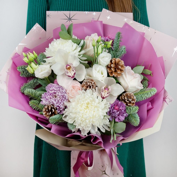 White Cymbidium Orchid Bud - 3, Magnum White Chrysanthemum - 3, Peony style roses - 5, Lilac carnation - 5, Magnum Purple Chrysanthemum - 3, Flask for orchids, Aspidistra (1 pc.), Eucalyptus Cinerea, Spruce branches (1pc.), Wrapping Paper, Christmas decor (set)