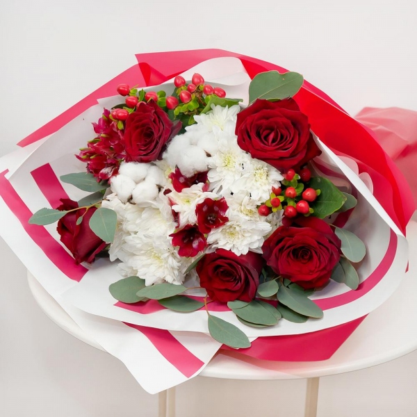 Red rose 50 cm - 9, Baltica White Spray Chrysanthemum - 4, Alstromeria Red, Bright Pink - 3, Hypericum, Cotton bud, Eucalyptus populus (1 pc.), Wrapping Paper, Ribbon