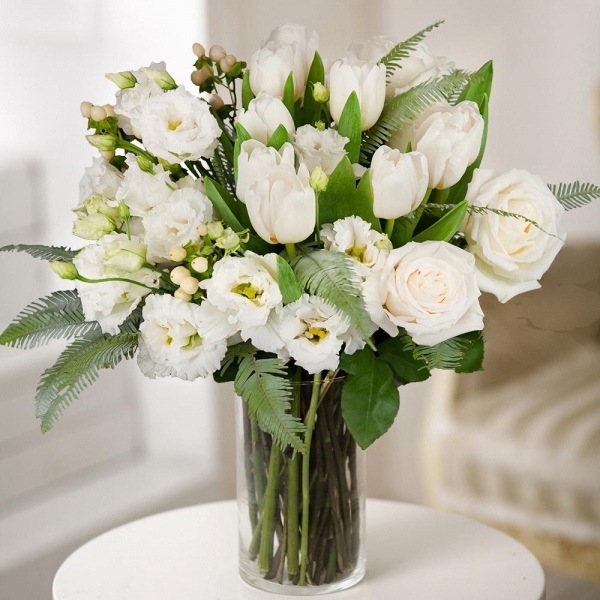 White rose 50 cm - 9, lisianthus - 5, Tulip white - 13, Ambrella, Hypericum, Wrapping Paper, Ribbon