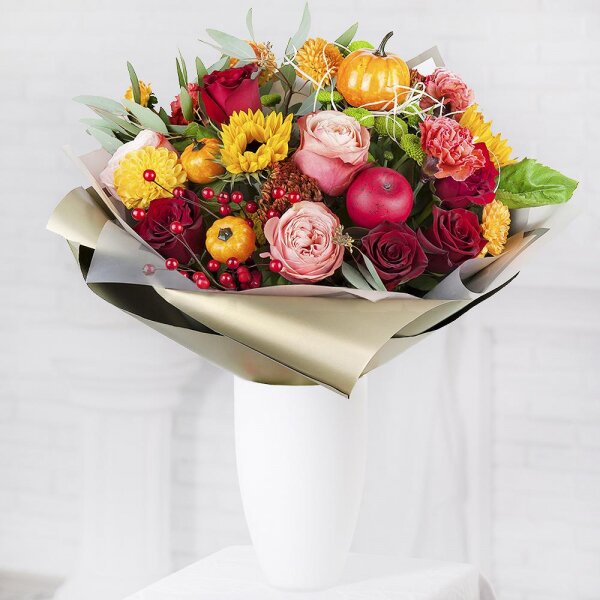 Sunflower - 5, Dahlia - 5, Baltica Yellow Spray Chrysanthemum - 4, Pink carnation - 5, Athos pom Feeling Green - 3, Peony rose Kahala 50 cm - 4, Red rose 50 cm - 7, Sedum, Eucalyptus populus (1 pc.), Decorative element medium, Decorative element small, Wrapping Paper