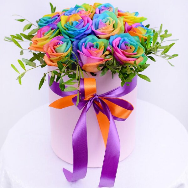 Rainbow rose - 21, Round flower box small , Oasis, Pistachio, Ribbon