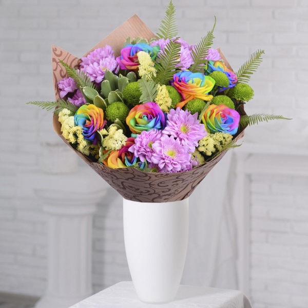 Rainbow rose - 13, Baltica Pink Spray Chrysanthemum - 6, Athos pom Feeling Green - 3, Ambrella, Pittosporum, Yellow Statice, Wrapping Paper