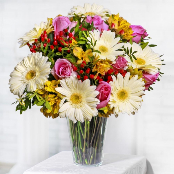 Pink rose 50 cm - 13, Gerbera white - 11, Alstromeria Yellow, Orange - 7, Hypericum, Sisal, Ribbon