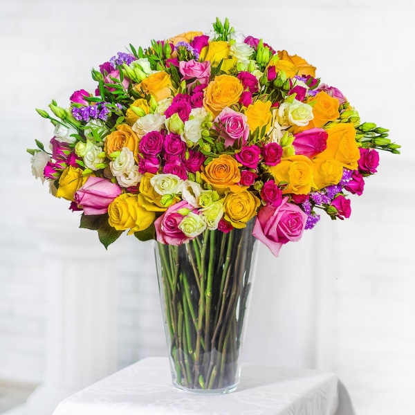 lisianthus - 16, Bright pink spray rose mix, 50 cm - 18, Pink rose 50 cm - 19, Yellow rose 50 cm - 35, Pink Statice, Pistachio, Ribbon