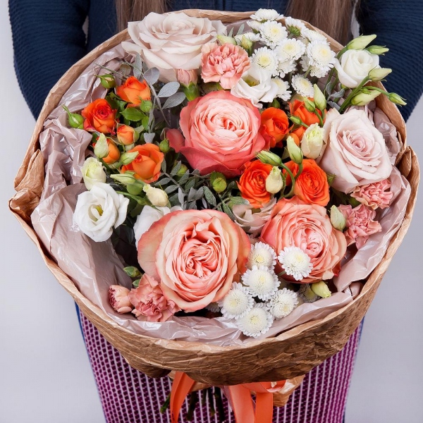 Peony rose Kahala 50 cm - 3, Rose Powder 50 cm Ecuador (Quicksand, Menta) - 2, Athos poms Stallion - 3, Spray rose: yellow, orange 50 cm - 3, lisianthus - 2, Pink spray carnation - 3, Pistachio, Paper luxury, Ribbon