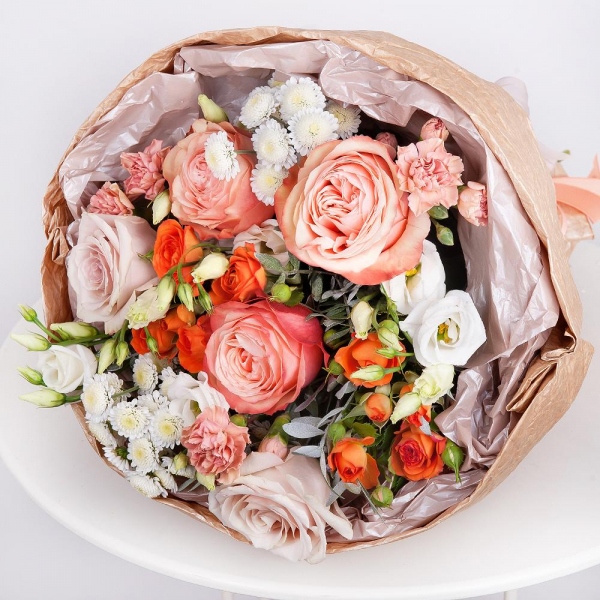 Peony rose Kahala 50 cm - 5, Rose Powder 50 cm Ecuador (Quicksand, Menta) - 4, Athos poms Stallion - 3, Spray rose: yellow, orange 50 cm - 3, lisianthus - 2, Pink spray carnation - 3, Pistachio, Paper luxury, Ribbon