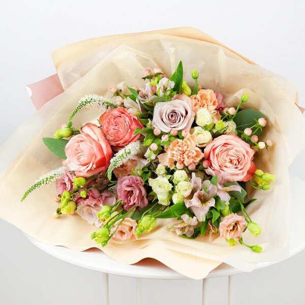 Peony rose Kahala 50 cm - 3, Rose Powder 50 cm Ecuador (Quicksand, Menta) - 2, Carnation white, cream - 3, Alstromeria white, soft pink - 4, Pink Lisianthus (Eustoma) - 3, Spray rose: white, cream, light pink 50 cm - 3, Veronica spray, Hypericum, Eucalyptus populus (1 pc.), Wrapping Paper
