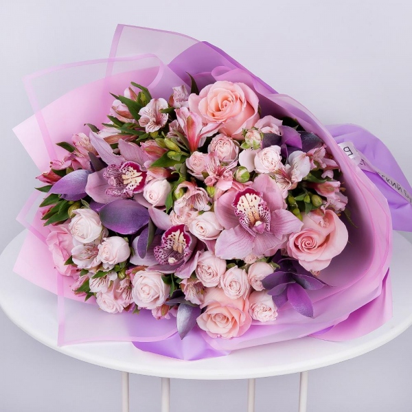White Cymbidium Orchid Bud - 5, Alstromeria white, soft pink - 8, Pink rose 50 cm - 7, Spray rose: white, cream, light pink 50 cm - 4, Flask for orchids, Ruscus, Wrapping Paper