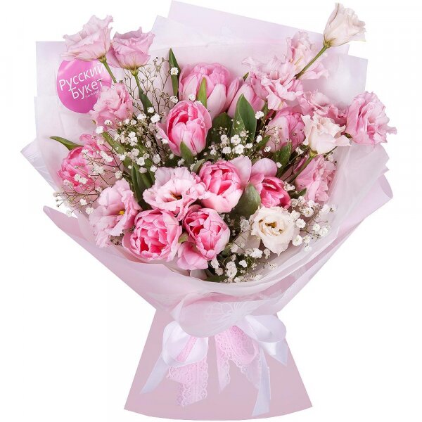 Pink Lisianthus (Eustoma) - 3, Gypsophila - 2, Pink tulip - 12, Wrapping Paper