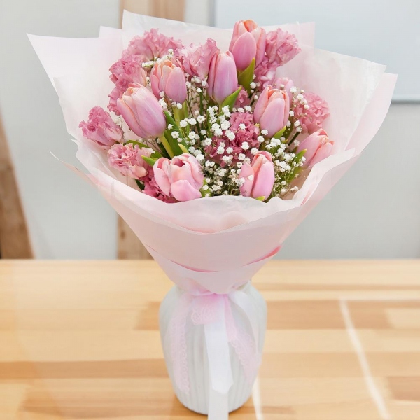 Pink Lisianthus (Eustoma) - 4, Gypsophila - 2, Pink tulip - 15, Wrapping Paper