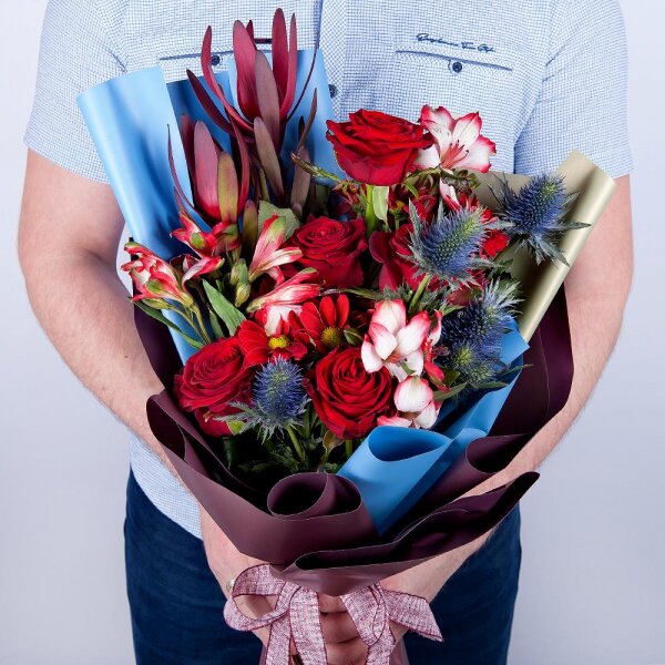 Alstromeria Red, Bright Pink - 4, Red rose 50 cm - 9, Bacardi Red Spray Chrysanthemum - 3, Leukodendron, Eryngium, Wrapping Paper, Ribbon
