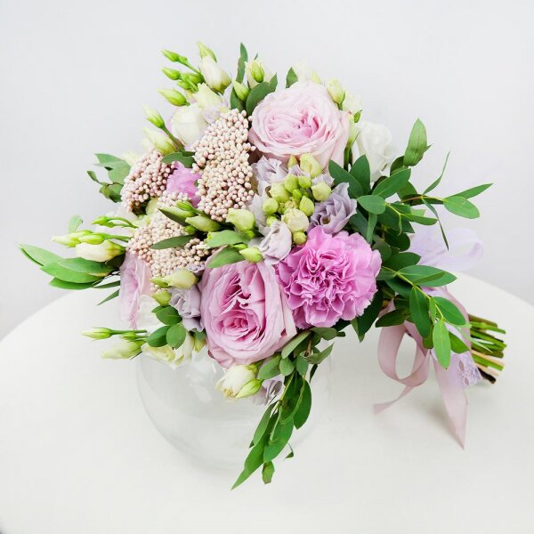 Peony rose pink 'OHara' - 4, Pink carnation - 5, lisianthus - 2, Spray rose: white, cream, light pink 50 cm - 4, Purple Lisianthus (Eustoma) - 2, Ozotamnus, Eucalyptus parvifolia (1 pc.), Ribbon