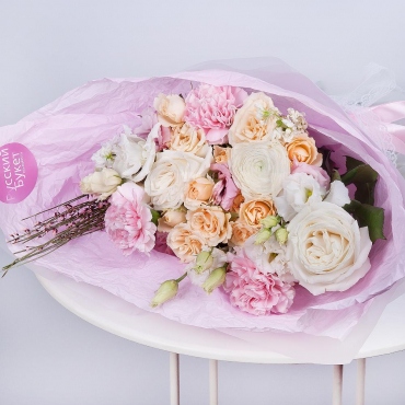 White rose 50 cm - 2, Ranunculus Pink - 1, Carnations - 3, Spray rose 50 cm (multiple small blooms on a stem) - 3, lisianthus - 3, Genista, Wrapping Paper, Ribbon, Lace