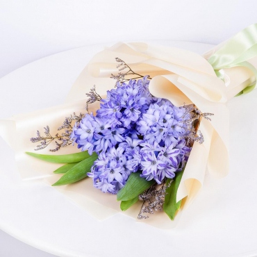 Blue Hyacinth - 5, Limonium (1 pc.), Wrapping Paper, Ribbon